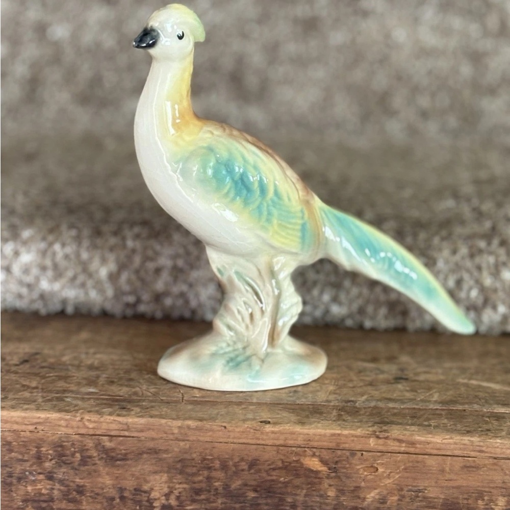 Ceramic Bird Figurine in Cream, Teal and Yellow